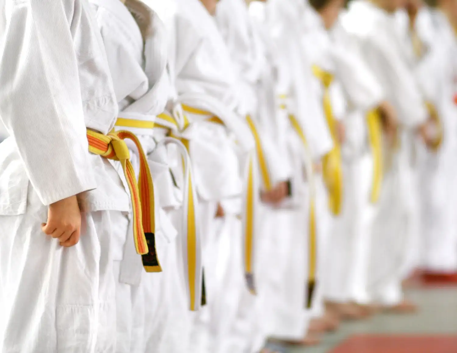 people standing in a line wearing white-yellow and yellow-orange belts